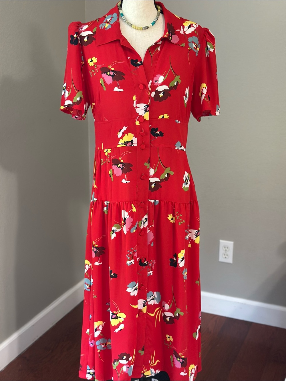 CAbi Afternoon Short Sleeve Button Up Midi Dress Scatter Floral Red Sz M